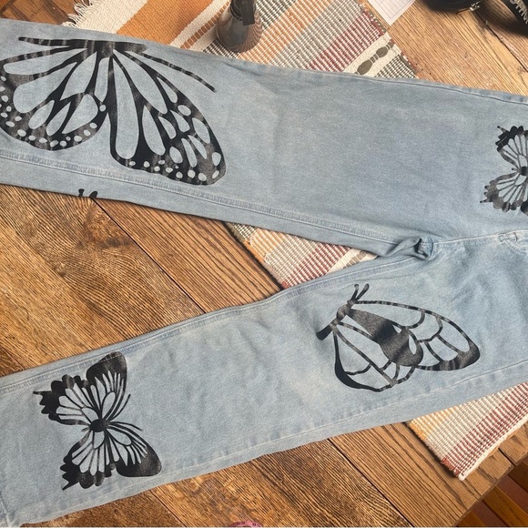 Society Black and Blue Flare Jeans with Artistic Butterfly Design. Boho - Picture 4 of 7